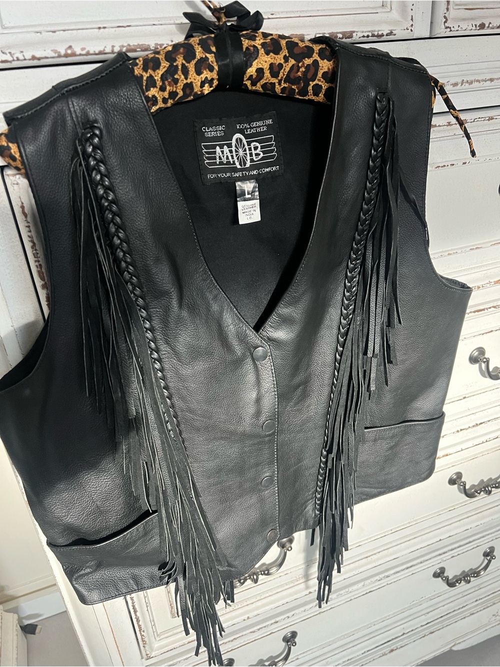 🖤 Women’s Black Leather Fringe & Braid Biker Vest – Size L | MOB Classic Series